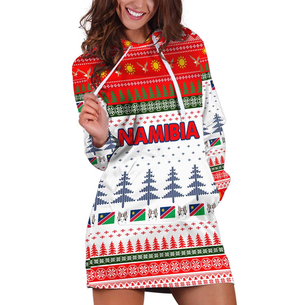 Namibia Christmas Hoodie Dress with Red-Green Theme, Coat of Arms, and National Flag Motif - Wonder Print Shop