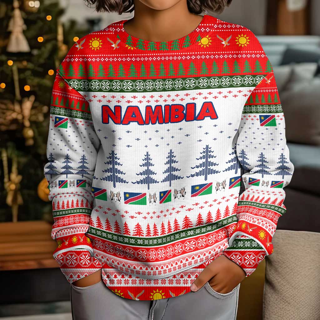 Namibia Christmas Kid Ugly Christmas Sweater with Red-Green Theme, Coat of Arms, and National Flag Motif - Wonder Print Shop