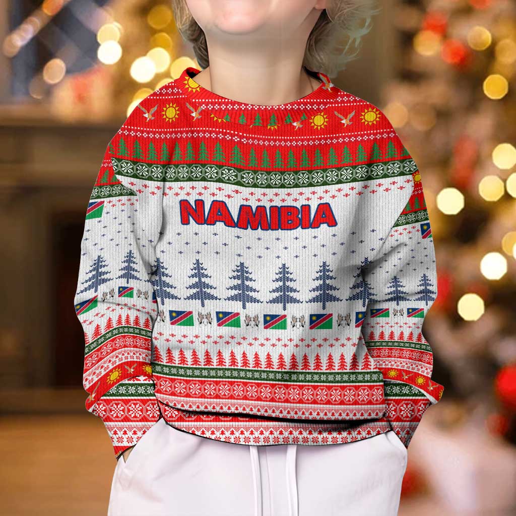 Namibia Christmas Kid Ugly Christmas Sweater with Red-Green Theme, Coat of Arms, and National Flag Motif - Wonder Print Shop