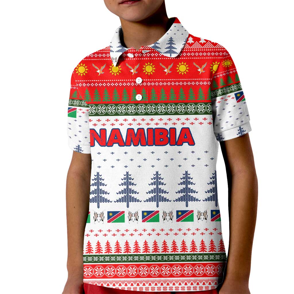 Namibia Christmas Kid Polo Shirt with Red-Green Theme, Coat of Arms, and National Flag Motif - Wonder Print Shop