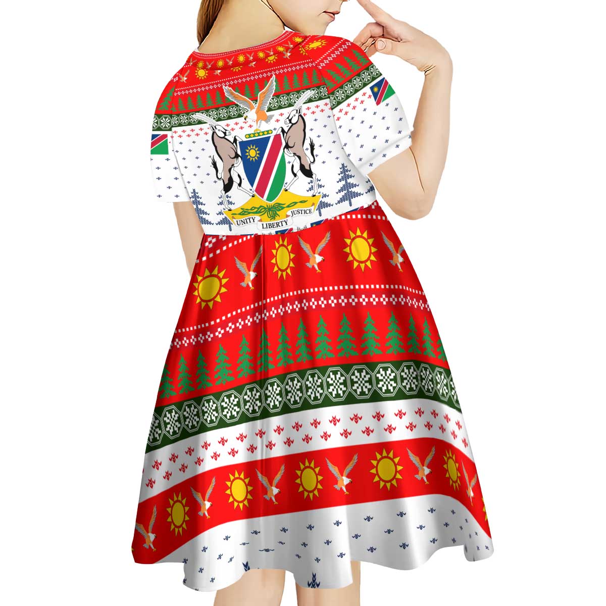 Namibia Christmas Kid Short Sleeve Dress with Red-Green Theme, Coat of Arms, and National Flag Motif - Wonder Print Shop