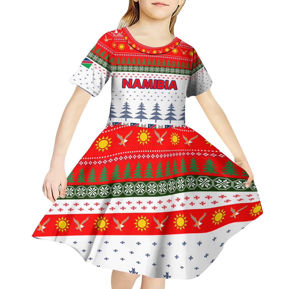 Namibia Christmas Kid Short Sleeve Dress with Red-Green Theme, Coat of Arms, and National Flag Motif - Wonder Print Shop