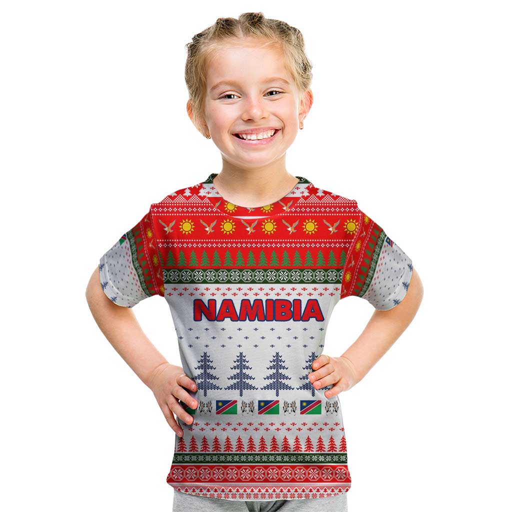 Namibia Christmas Kid T Shirt with Red-Green Theme, Coat of Arms, and National Flag Motif - Wonder Print Shop