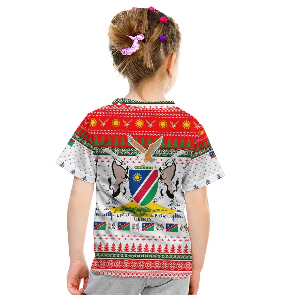 Namibia Christmas Kid T Shirt with Red-Green Theme, Coat of Arms, and National Flag Motif - Wonder Print Shop