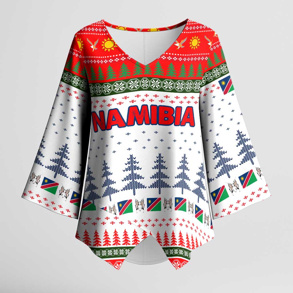 Namibia Christmas Kimono Sleeve Blouse with Red-Green Theme, Coat of Arms, and National Flag Motif - Wonder Print Shop