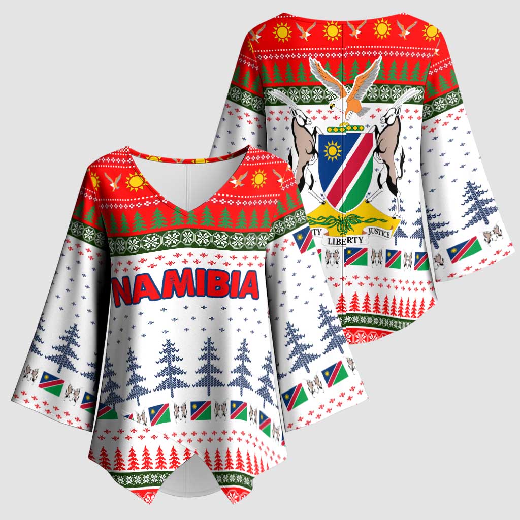 Namibia Christmas Kimono Sleeve Blouse with Red-Green Theme, Coat of Arms, and National Flag Motif - Wonder Print Shop
