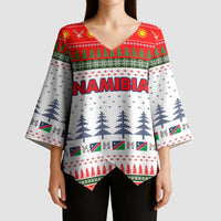 Namibia Christmas Kimono Sleeve Blouse with Red-Green Theme, Coat of Arms, and National Flag Motif - Wonder Print Shop