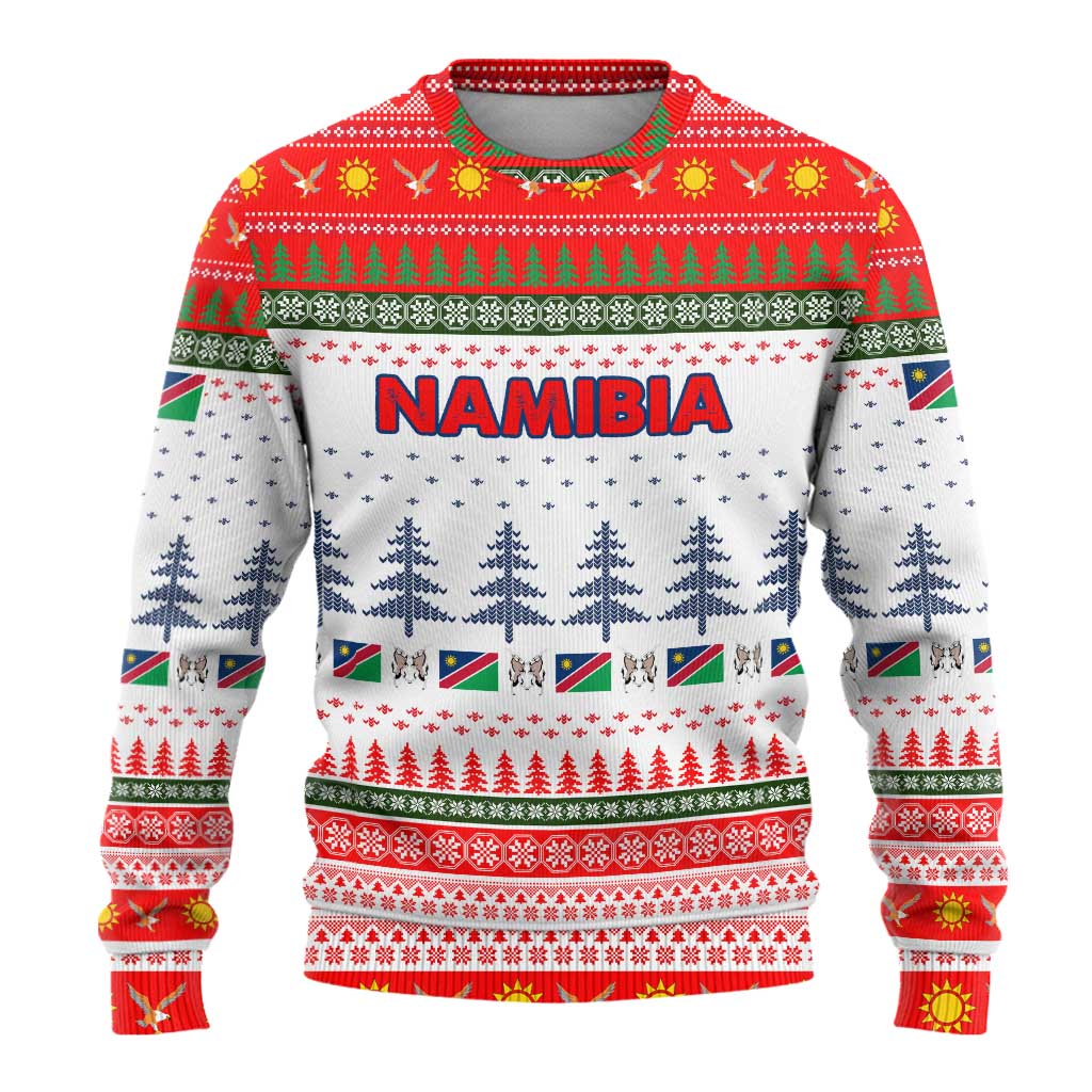 Namibia Christmas Ugly Christmas Sweater with Red-Green Theme, Coat of Arms, and National Flag Motif - Wonder Print Shop
