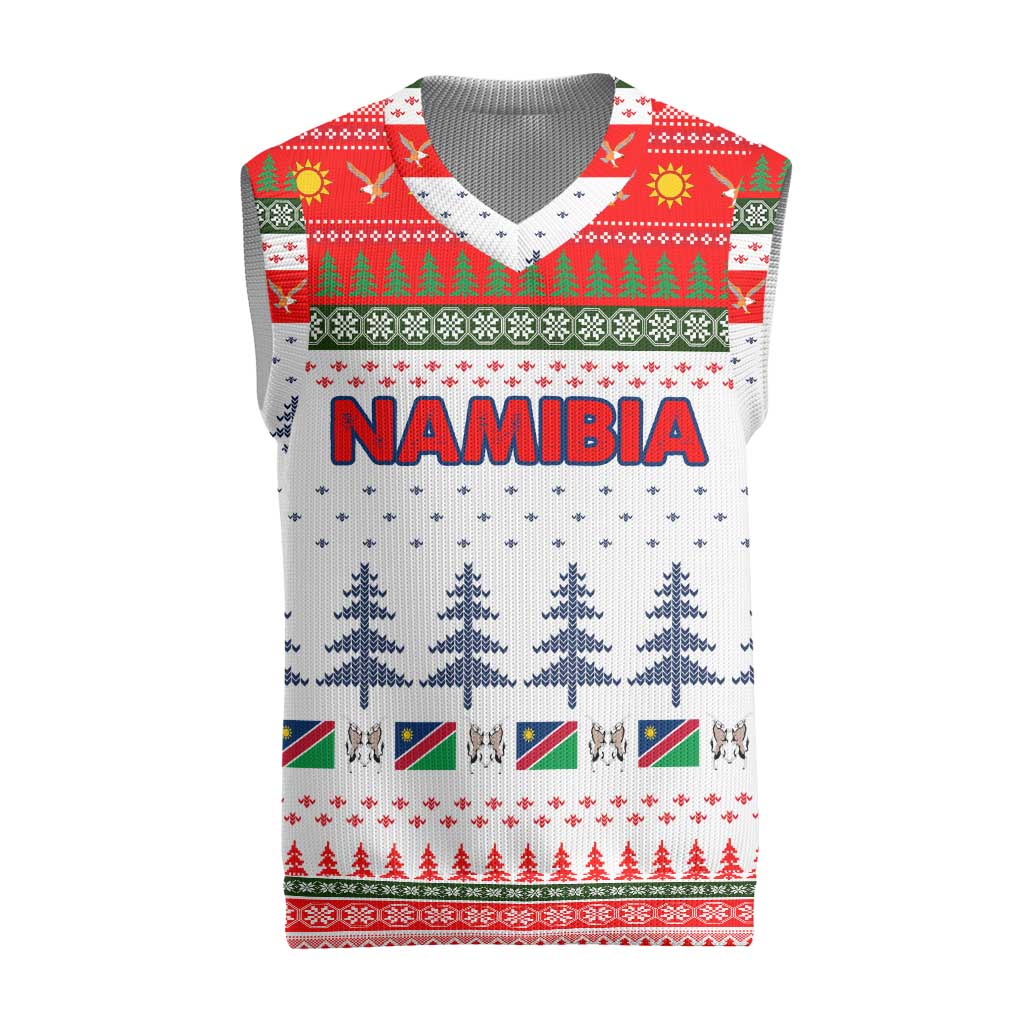 Namibia Christmas Knitted V-Neck Vest with Red-Green Theme, Coat of Arms, and National Flag Motif - Wonder Print Shop