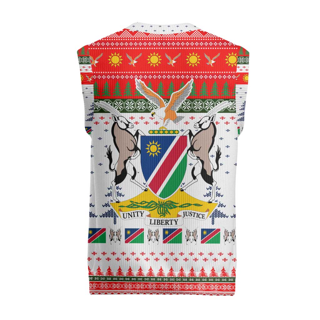 Namibia Christmas Knitted V-Neck Vest with Red-Green Theme, Coat of Arms, and National Flag Motif - Wonder Print Shop