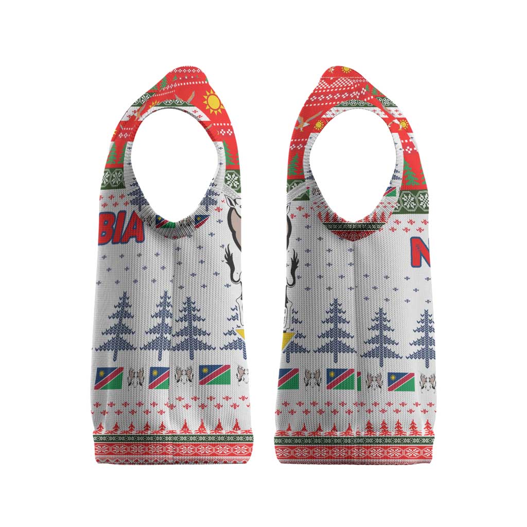 Namibia Christmas Knitted V-Neck Vest with Red-Green Theme, Coat of Arms, and National Flag Motif - Wonder Print Shop