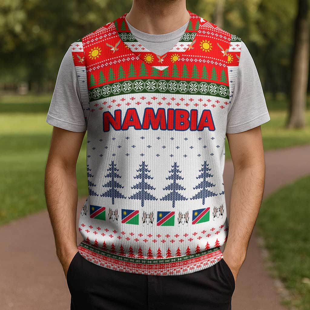 Namibia Christmas Knitted V-Neck Vest with Red-Green Theme, Coat of Arms, and National Flag Motif - Wonder Print Shop