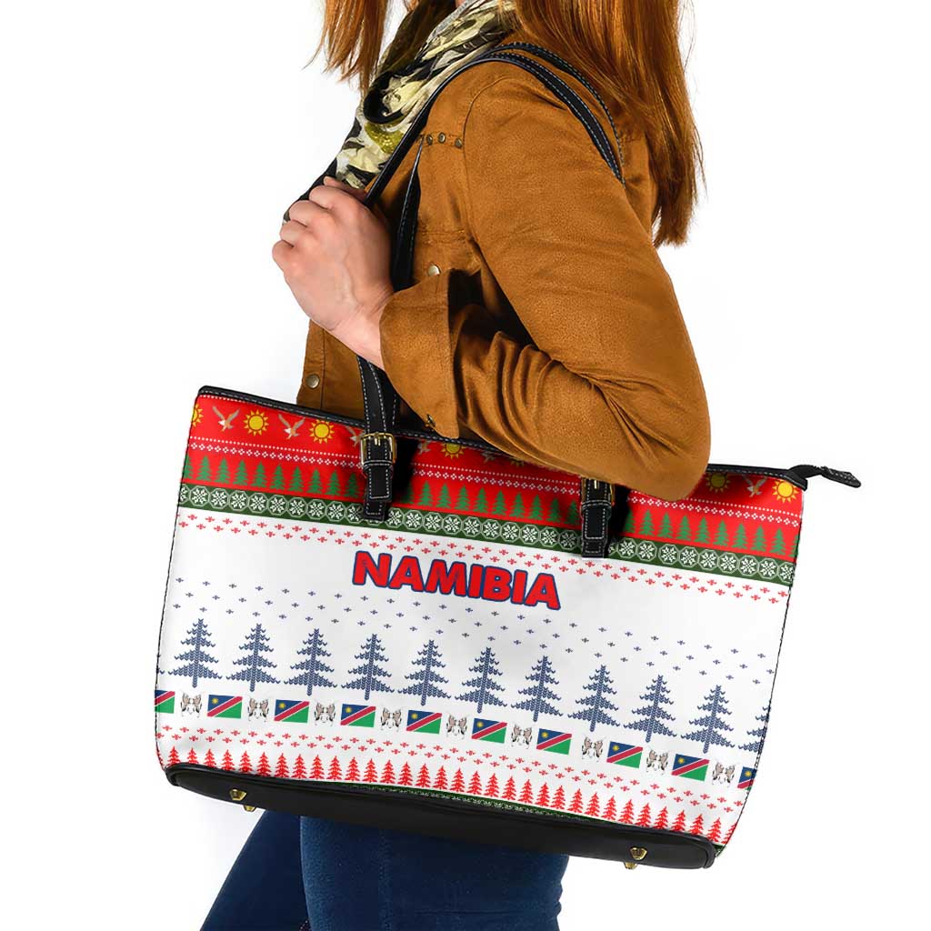 Namibia Christmas Leather Tote Bag with Red-Green Theme, Coat of Arms, and National Flag Motif - Wonder Print Shop