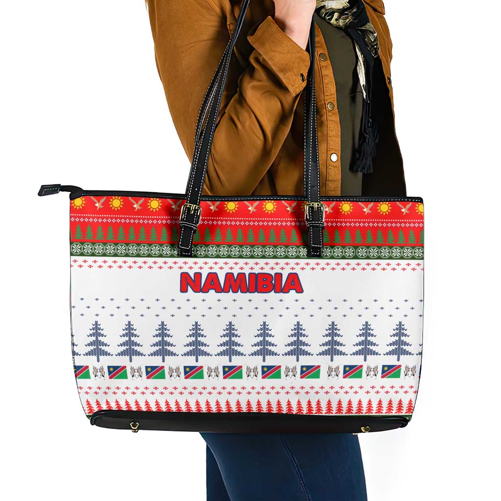 Namibia Christmas Leather Tote Bag with Red-Green Theme, Coat of Arms, and National Flag Motif - Wonder Print Shop