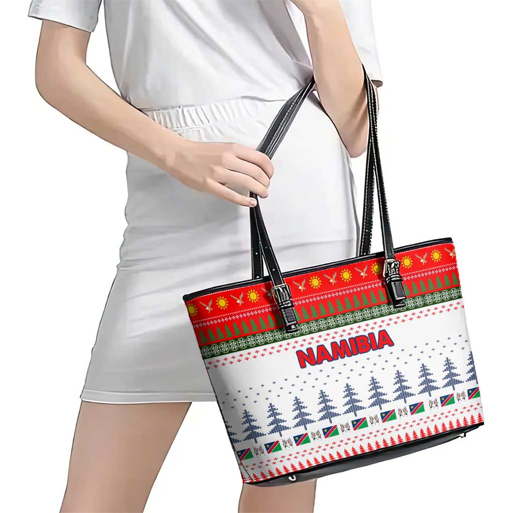 Namibia Christmas Leather Tote Bag with Red-Green Theme, Coat of Arms, and National Flag Motif - Wonder Print Shop