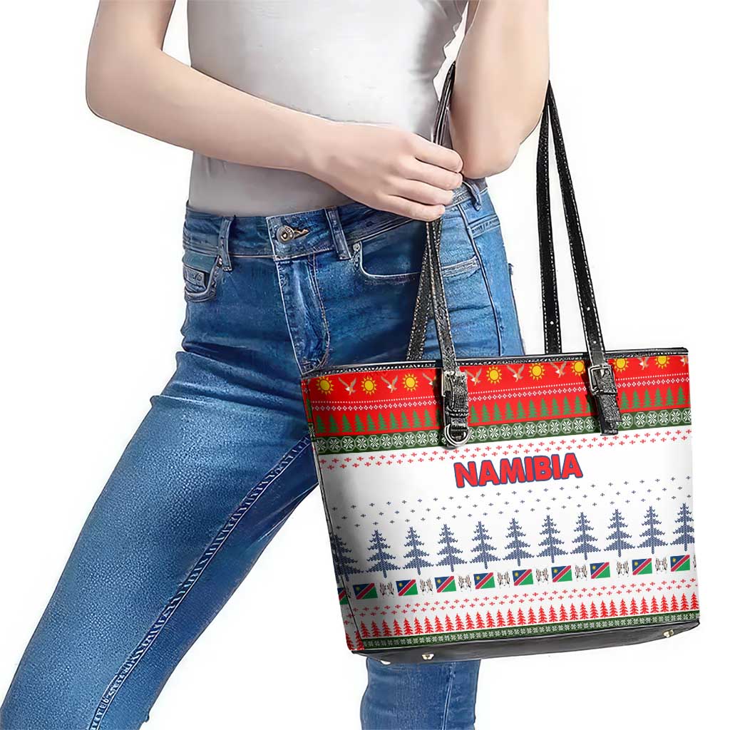 Namibia Christmas Leather Tote Bag with Red-Green Theme, Coat of Arms, and National Flag Motif - Wonder Print Shop
