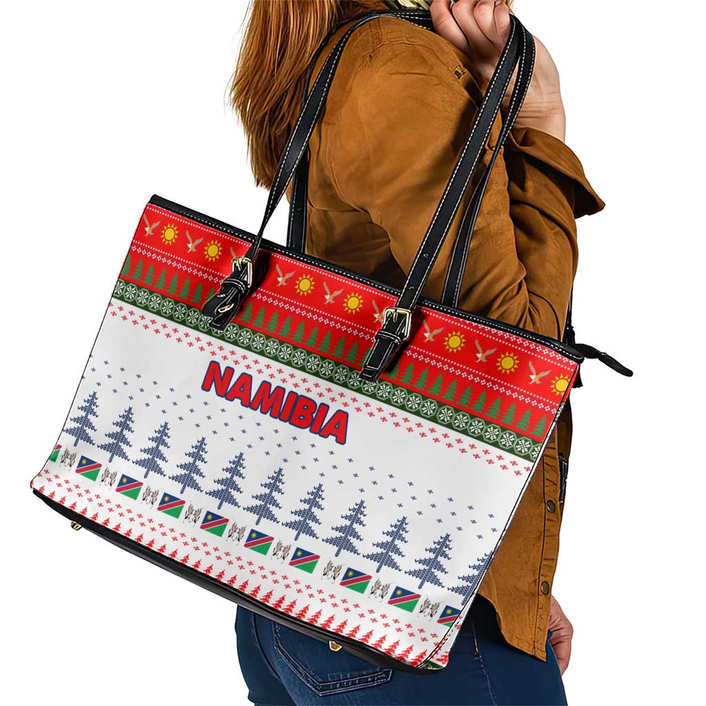Namibia Christmas Leather Tote Bag with Red-Green Theme, Coat of Arms, and National Flag Motif - Wonder Print Shop