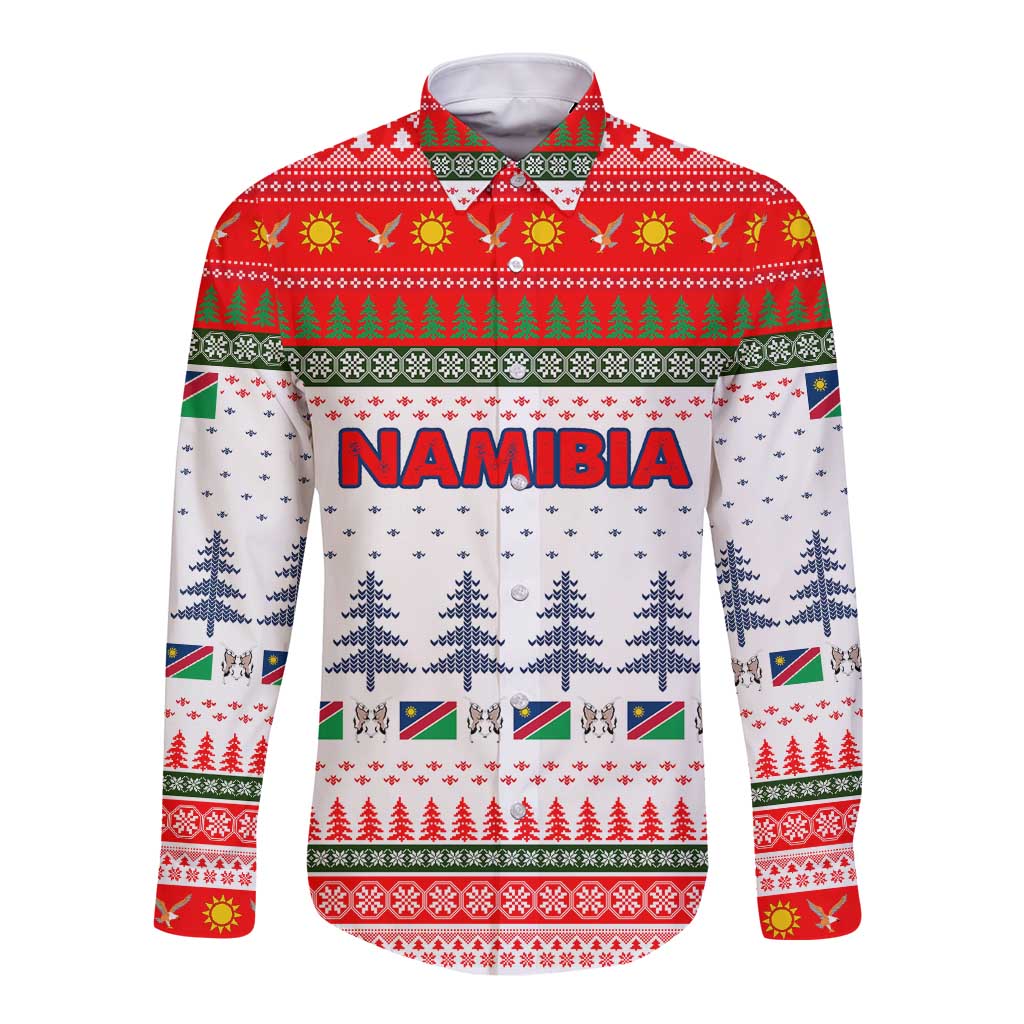 Namibia Christmas Long Sleeve Button Shirt with Red-Green Theme, Coat of Arms, and National Flag Motif - Wonder Print Shop