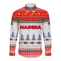Namibia Christmas Long Sleeve Button Shirt with Red-Green Theme, Coat of Arms, and National Flag Motif - Wonder Print Shop