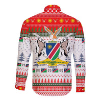 Namibia Christmas Long Sleeve Button Shirt with Red-Green Theme, Coat of Arms, and National Flag Motif - Wonder Print Shop