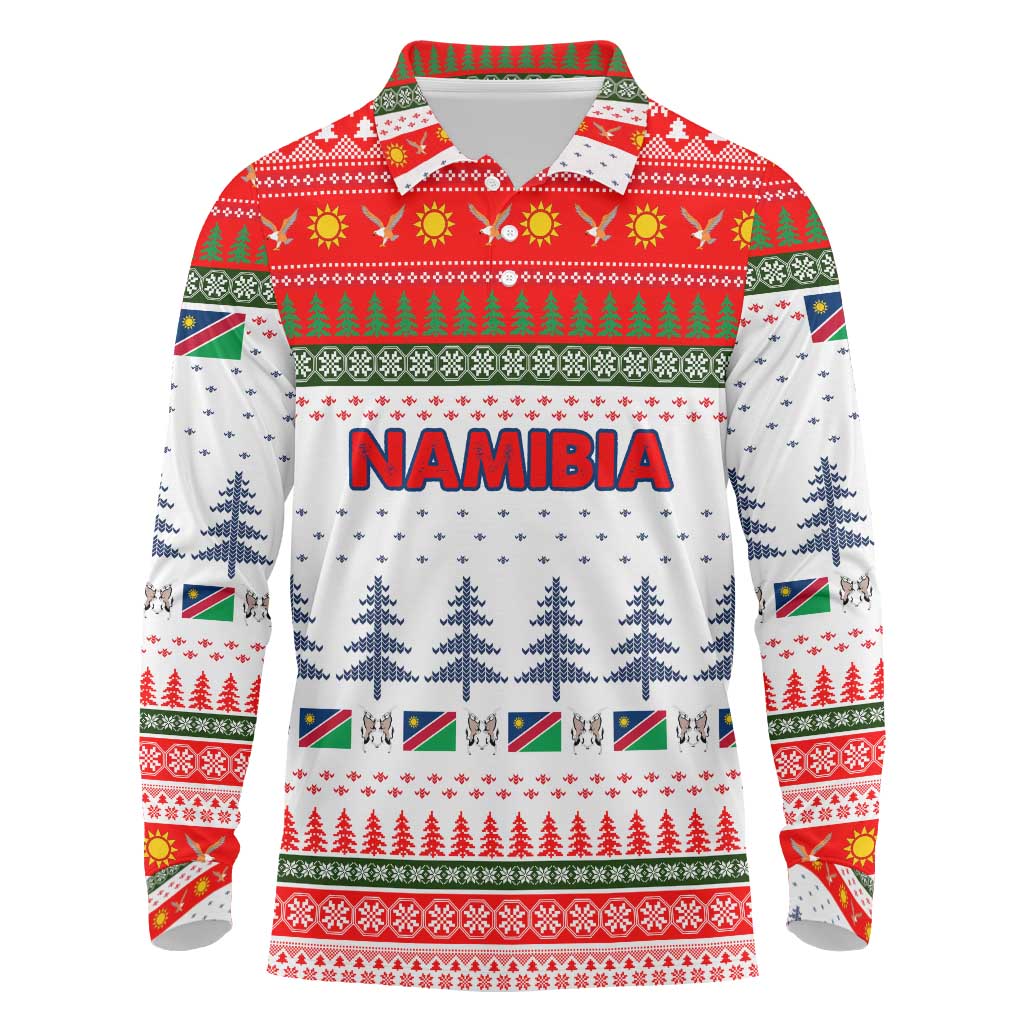 Namibia Christmas Long Sleeve Polo Shirt with Red-Green Theme, Coat of Arms, and National Flag Motif - Wonder Print Shop