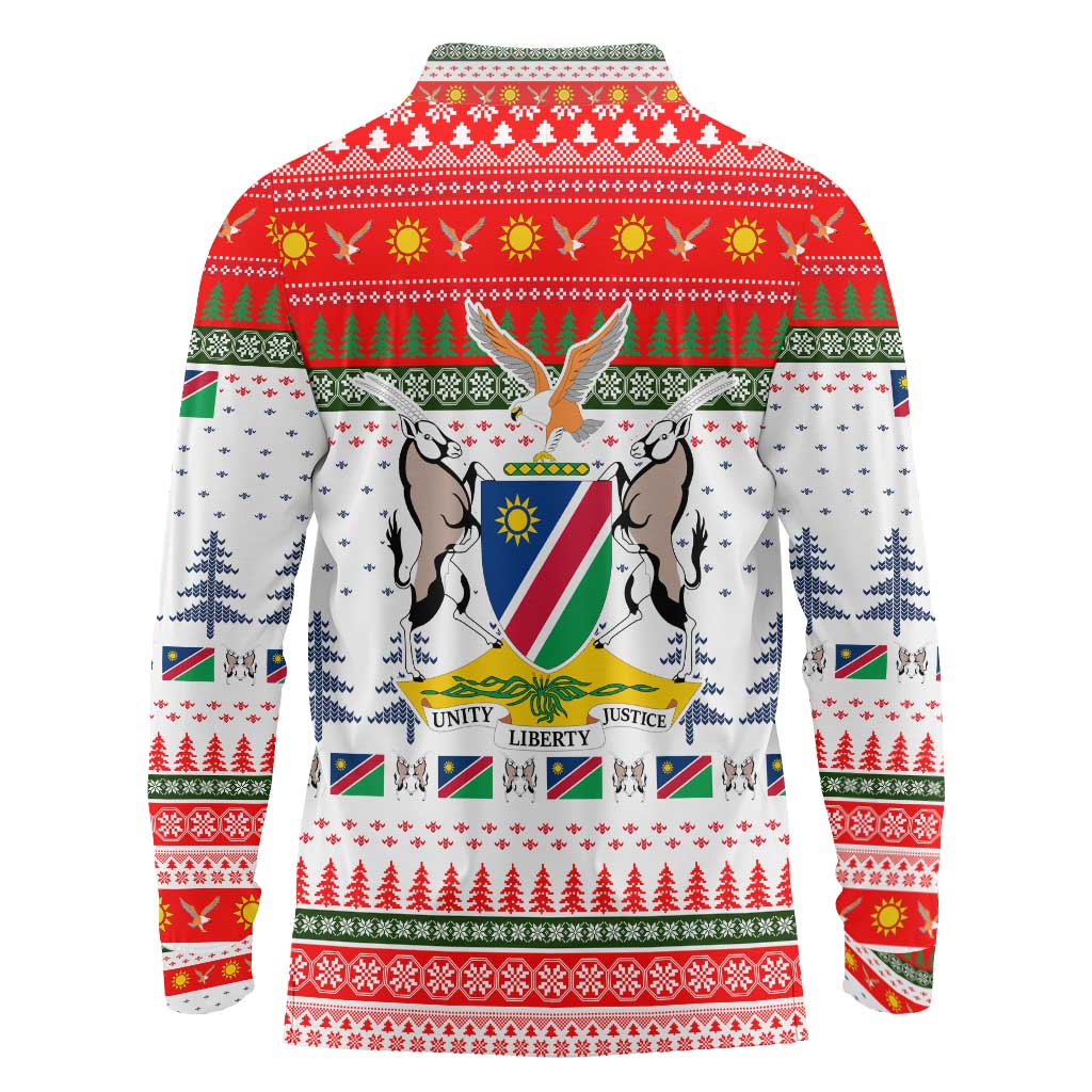 Namibia Christmas Long Sleeve Polo Shirt with Red-Green Theme, Coat of Arms, and National Flag Motif - Wonder Print Shop