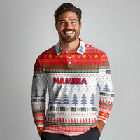 Namibia Christmas Long Sleeve Polo Shirt with Red-Green Theme, Coat of Arms, and National Flag Motif - Wonder Print Shop