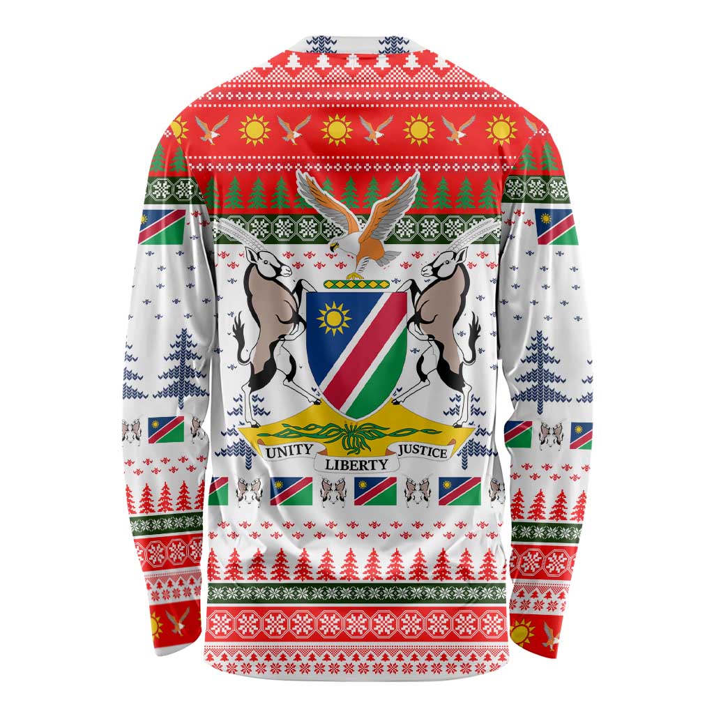 Namibia Christmas Long Sleeve Shirt with Red-Green Theme, Coat of Arms, and National Flag Motif - Wonder Print Shop