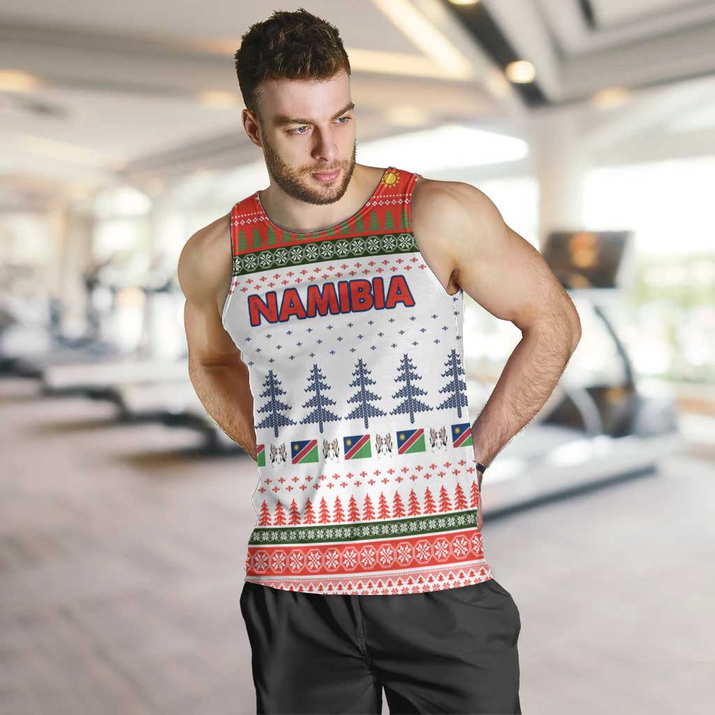 Namibia Christmas Men Tank Top with Red-Green Theme, Coat of Arms, and National Flag Motif - Wonder Print Shop