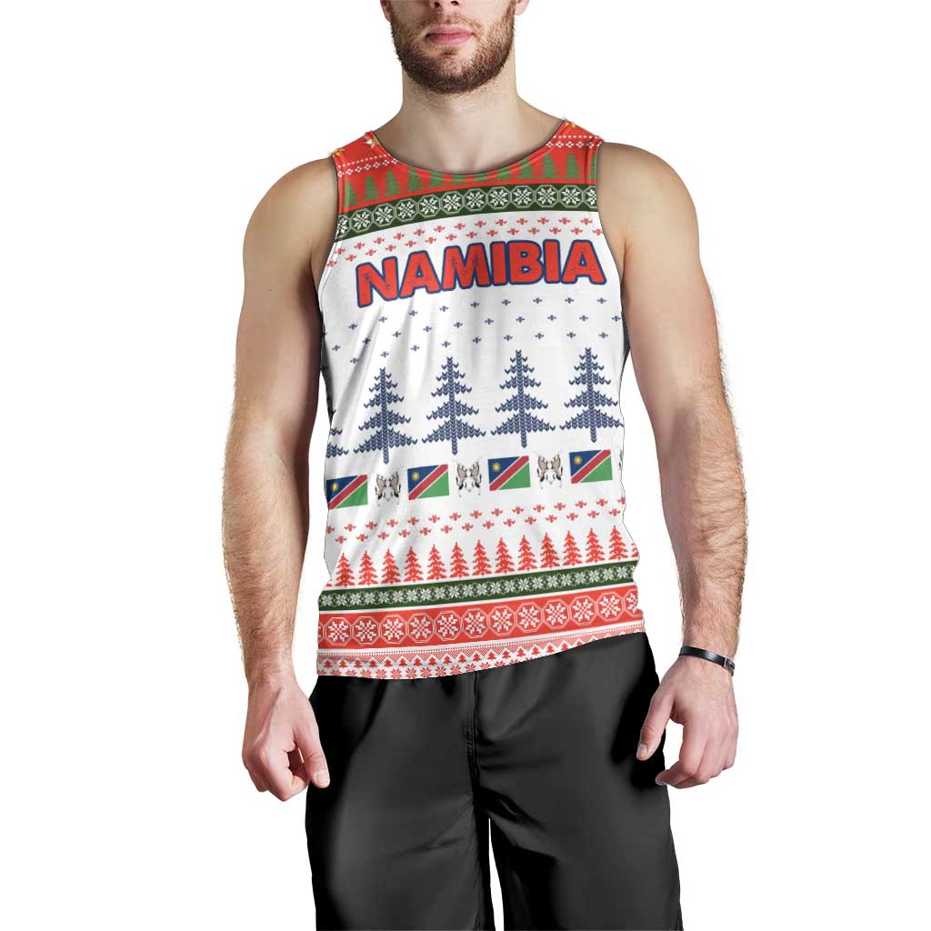 Namibia Christmas Men Tank Top with Red-Green Theme, Coat of Arms, and National Flag Motif - Wonder Print Shop