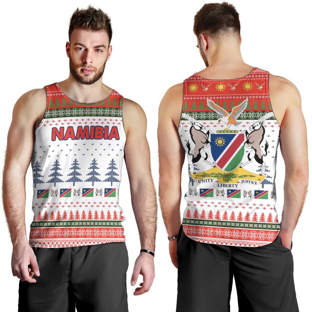 Namibia Christmas Men Tank Top with Red-Green Theme, Coat of Arms, and National Flag Motif - Wonder Print Shop