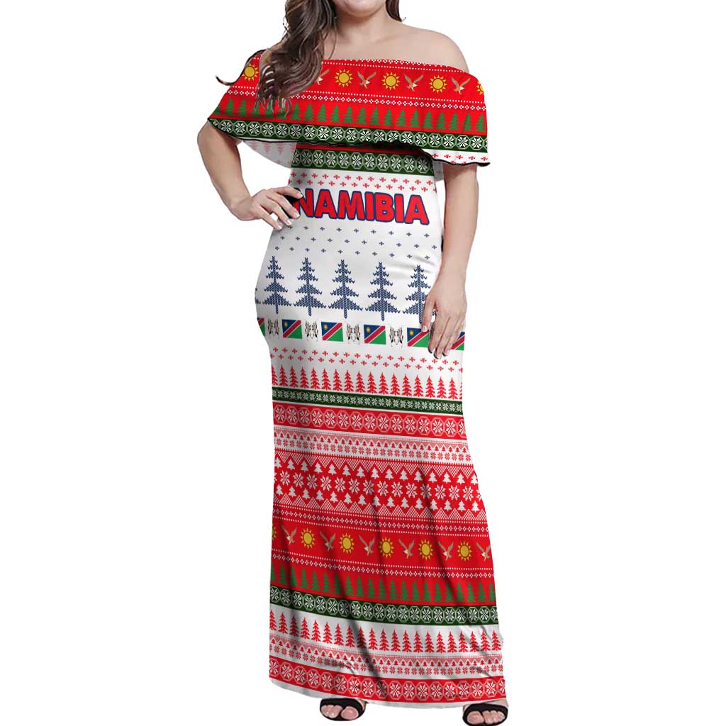 Namibia Christmas Off Shoulder Maxi Dress with Red-Green Theme, Coat of Arms, and National Flag Motif - Wonder Print Shop
