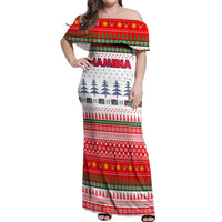 Namibia Christmas Off Shoulder Maxi Dress with Red-Green Theme, Coat of Arms, and National Flag Motif - Wonder Print Shop