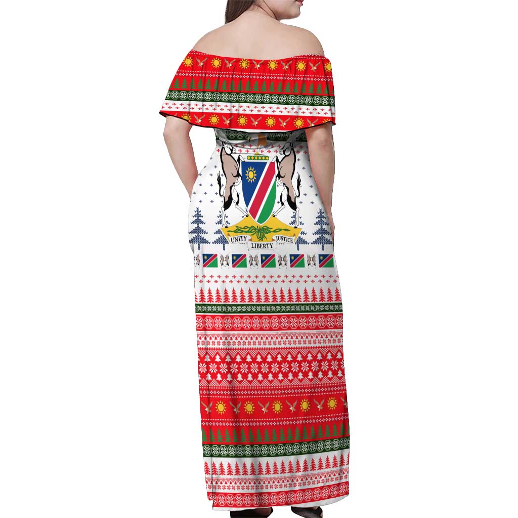 Namibia Christmas Off Shoulder Maxi Dress with Red-Green Theme, Coat of Arms, and National Flag Motif - Wonder Print Shop