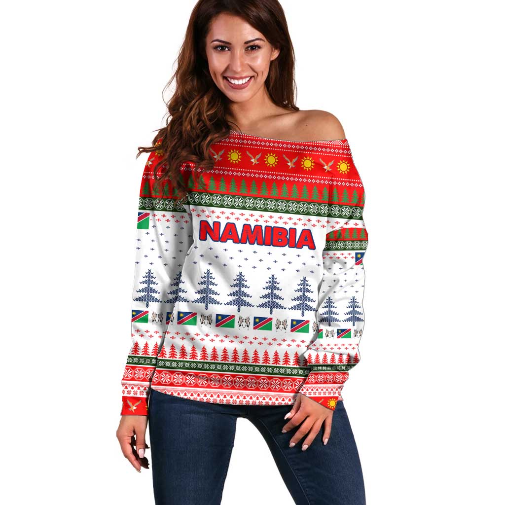 Namibia Christmas Off Shoulder Sweater with Red-Green Theme, Coat of Arms, and National Flag Motif - Wonder Print Shop