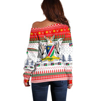 Namibia Christmas Off Shoulder Sweater with Red-Green Theme, Coat of Arms, and National Flag Motif - Wonder Print Shop