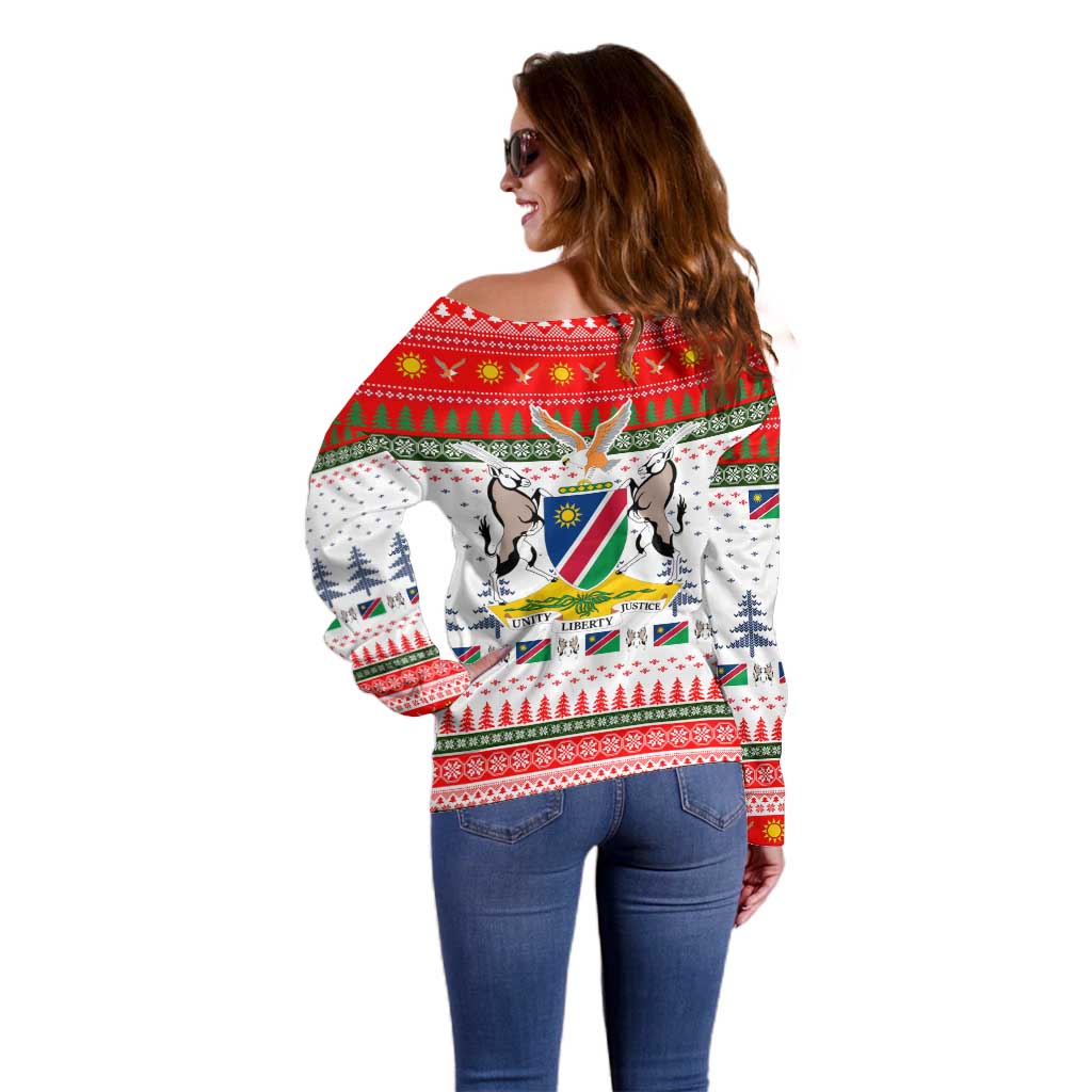 Namibia Christmas Off Shoulder Sweater with Red-Green Theme, Coat of Arms, and National Flag Motif - Wonder Print Shop