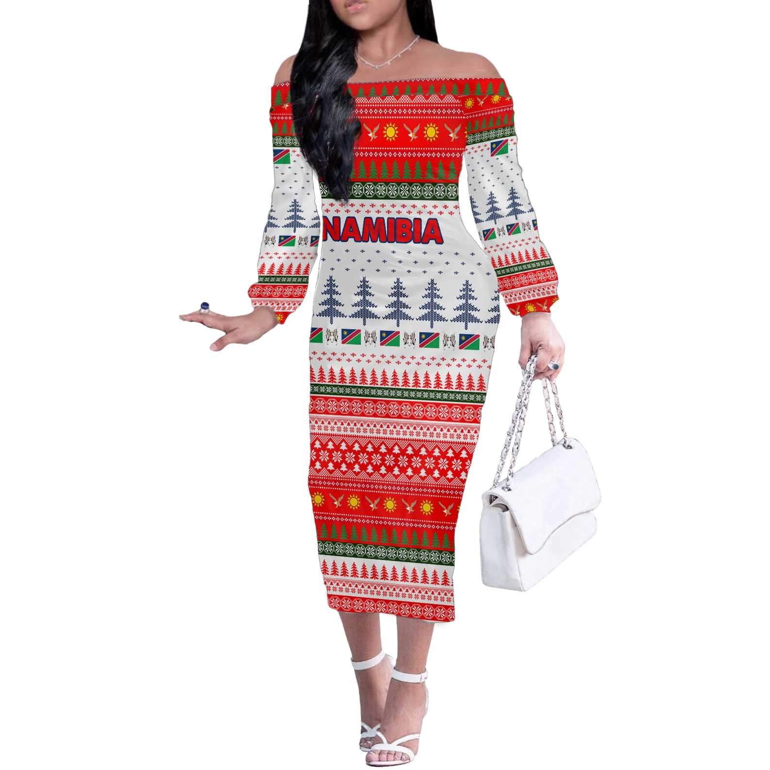 Namibia Christmas Off The Shoulder Long Sleeve Dress with Red-Green Theme, Coat of Arms, and National Flag Motif - Wonder Print Shop