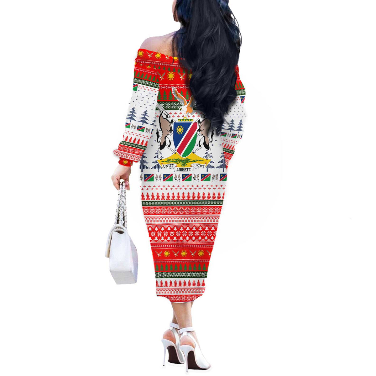Namibia Christmas Off The Shoulder Long Sleeve Dress with Red-Green Theme, Coat of Arms, and National Flag Motif - Wonder Print Shop