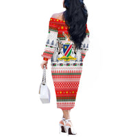 Namibia Christmas Off The Shoulder Long Sleeve Dress with Red-Green Theme, Coat of Arms, and National Flag Motif - Wonder Print Shop