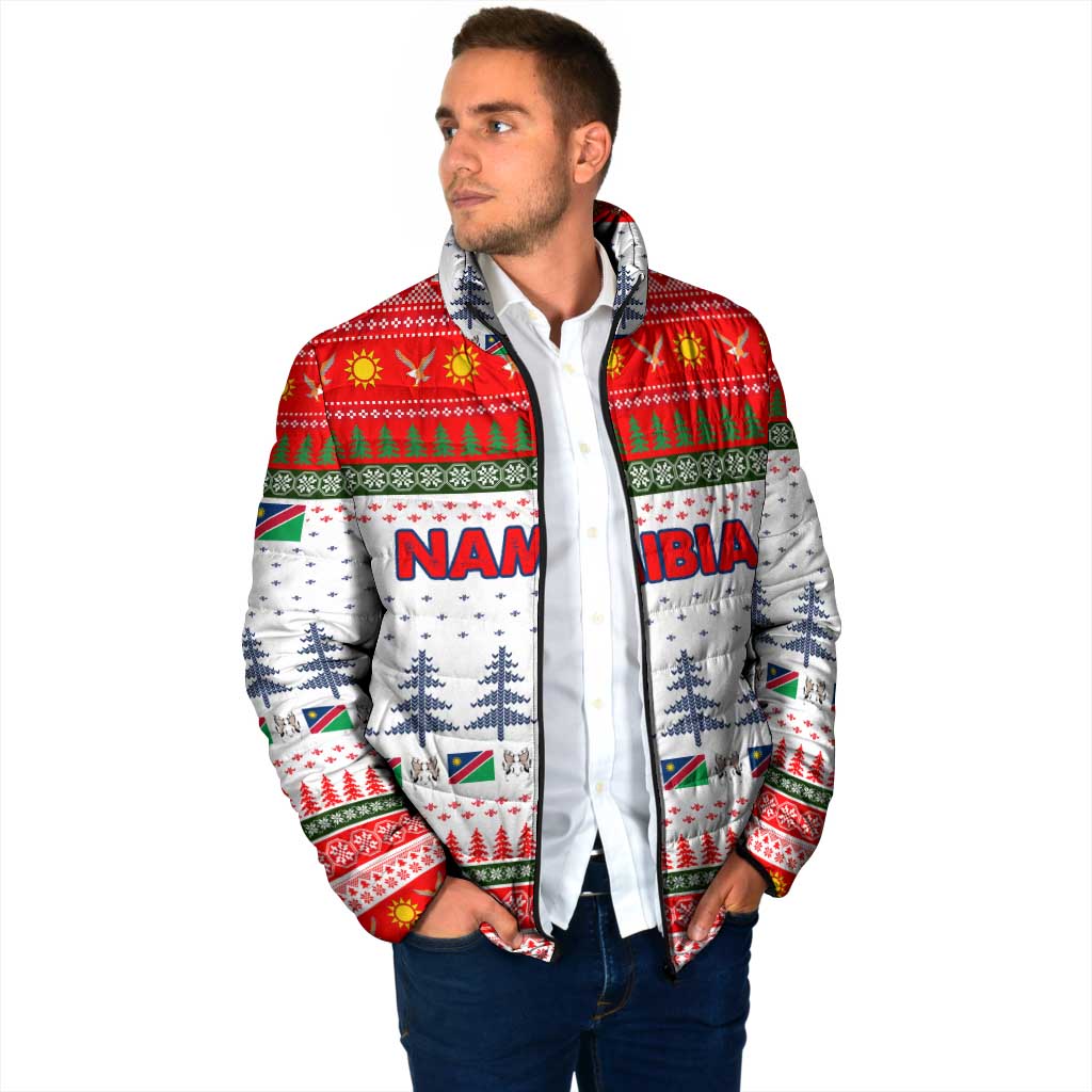 Namibia Christmas Padded Jacket with Red-Green Theme, Coat of Arms, and National Flag Motif - Wonder Print Shop