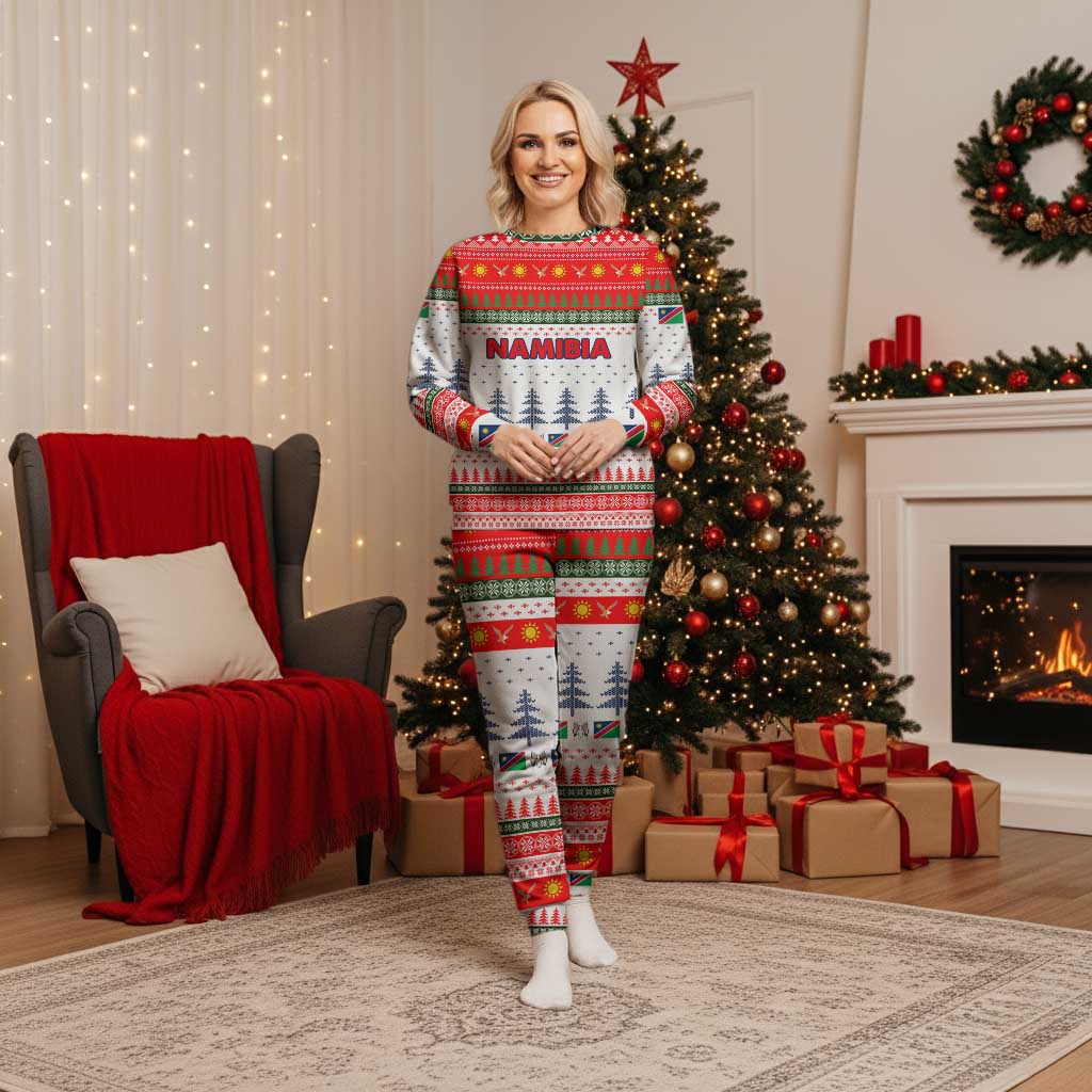 Namibia Christmas Pajama Set with Red-Green Theme, Coat of Arms, and National Flag Motif - Wonder Print Shop