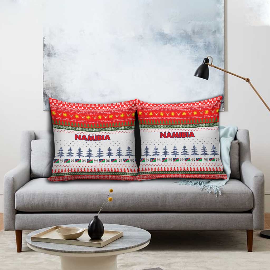 Namibia Christmas Pillow Cover with Red-Green Theme, Coat of Arms, and National Flag Motif - Wonder Print Shop