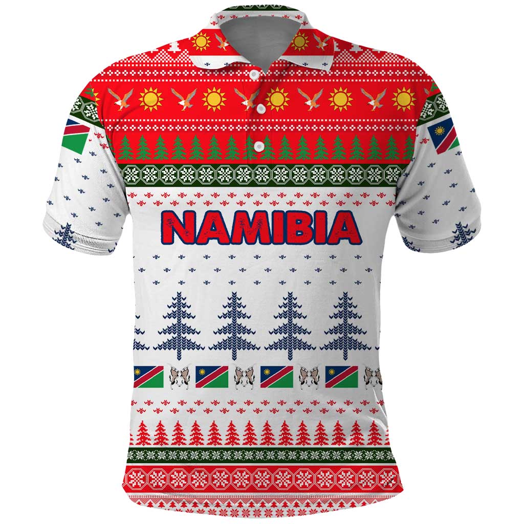 Namibia Christmas Polo Shirt with Red-Green Theme, Coat of Arms, and National Flag Motif - Wonder Print Shop
