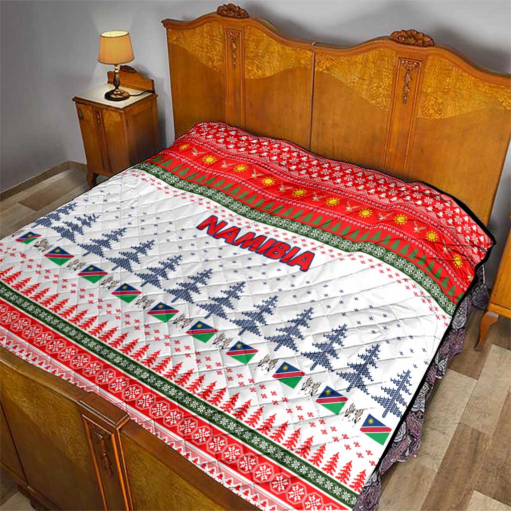 Namibia Christmas Quilt with Red-Green Theme, Coat of Arms, and National Flag Motif - Wonder Print Shop
