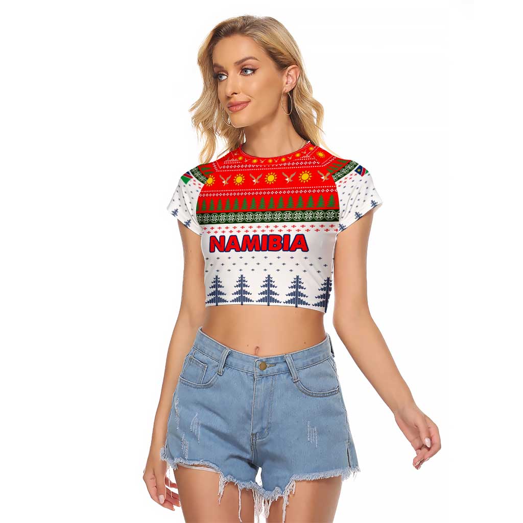 Namibia Christmas Raglan Cropped T Shirt with Red-Green Theme, Coat of Arms, and National Flag Motif - Wonder Print Shop
