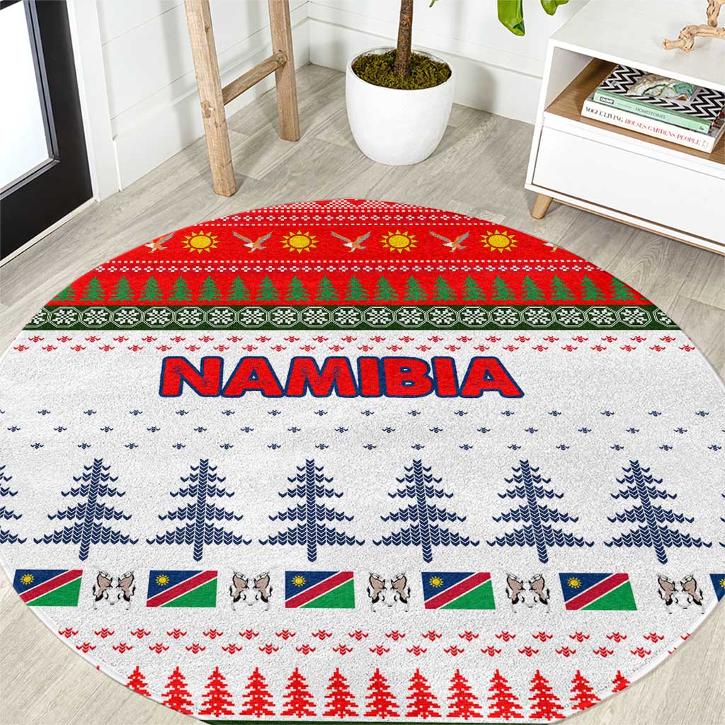 Namibia Christmas Round Carpet with Red-Green Theme, Coat of Arms, and National Flag Motif - Wonder Print Shop