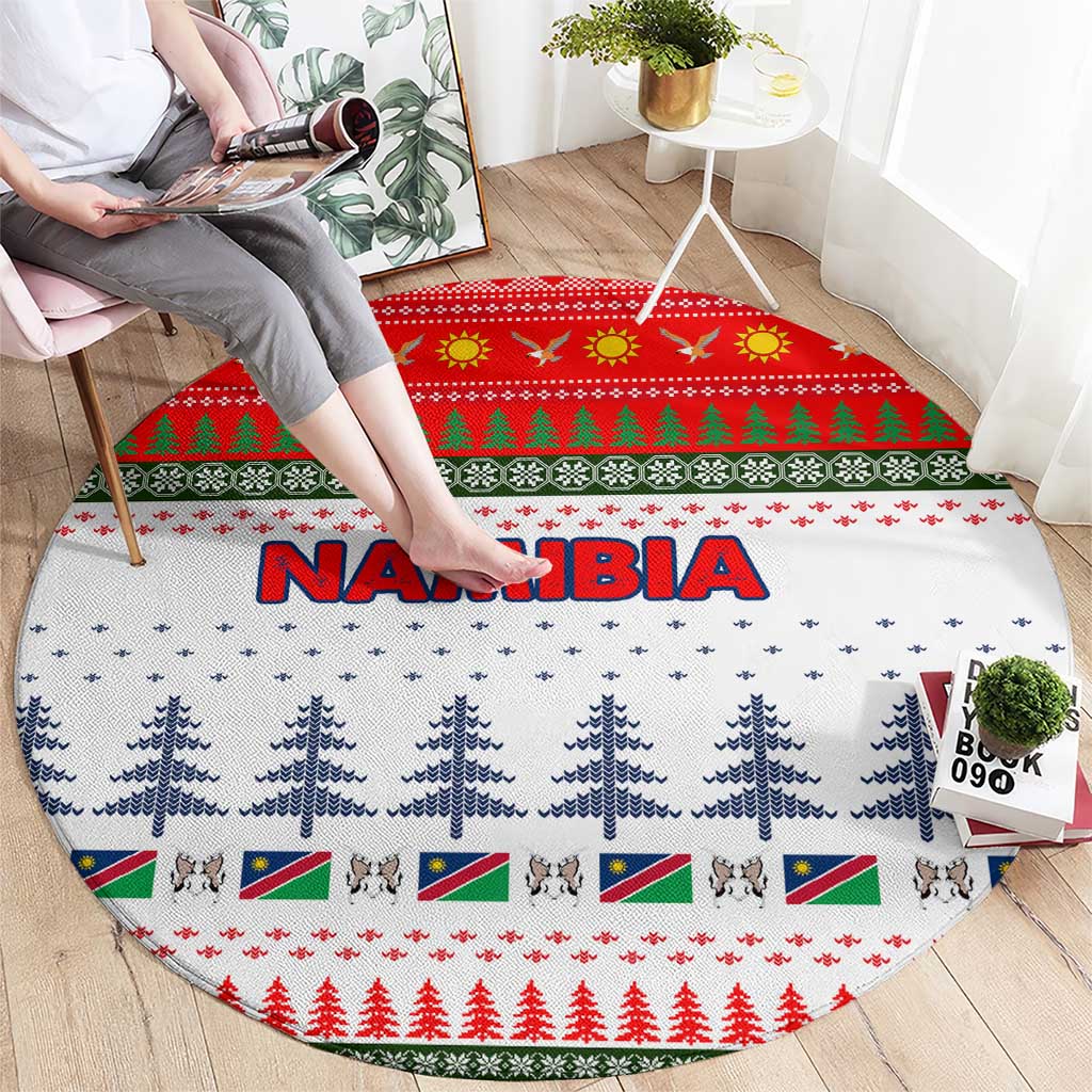 Namibia Christmas Round Carpet with Red-Green Theme, Coat of Arms, and National Flag Motif - Wonder Print Shop