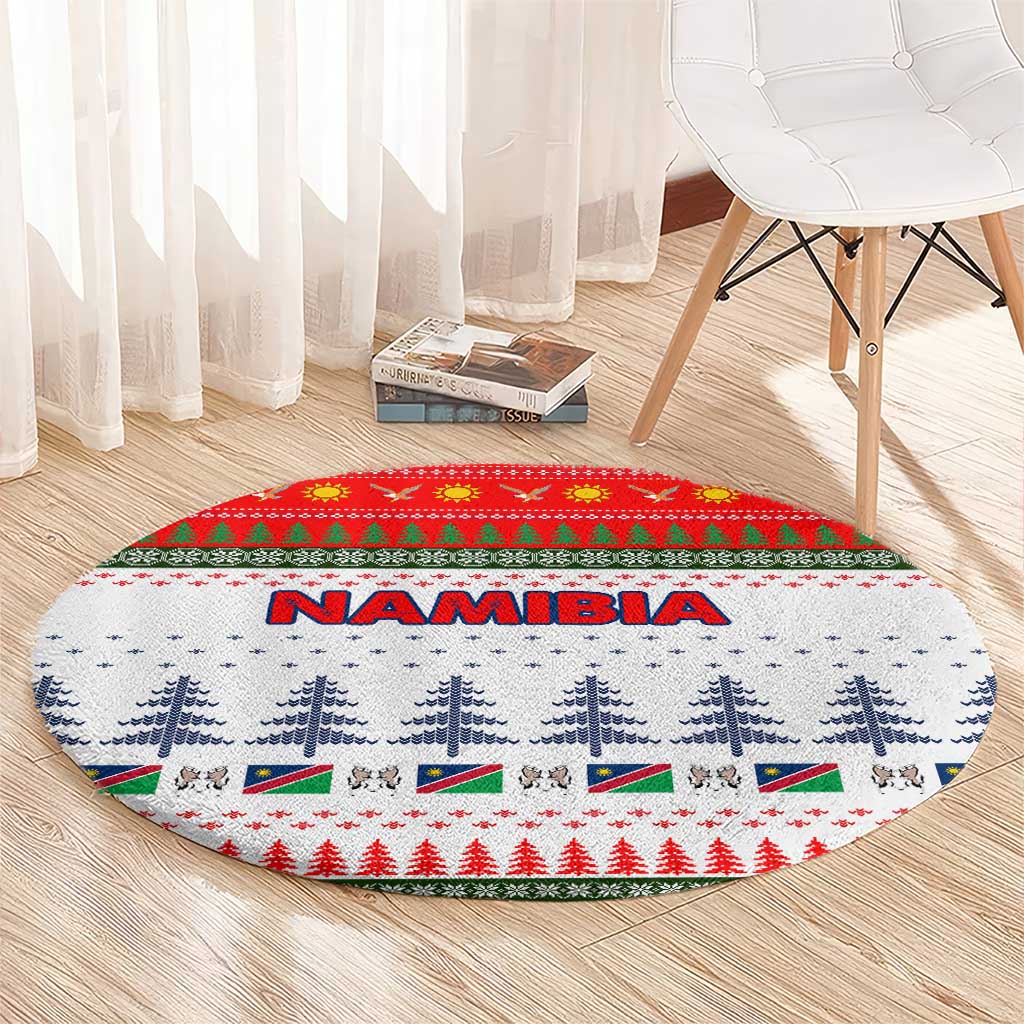 Namibia Christmas Round Carpet with Red-Green Theme, Coat of Arms, and National Flag Motif - Wonder Print Shop