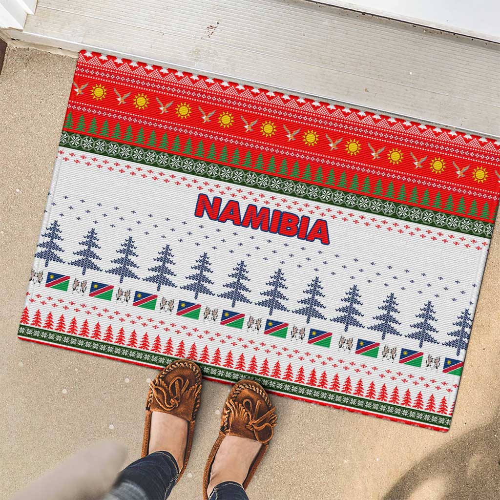 Namibia Christmas Rubber Doormat with Red-Green Theme, Coat of Arms, and National Flag Motif - Wonder Print Shop
